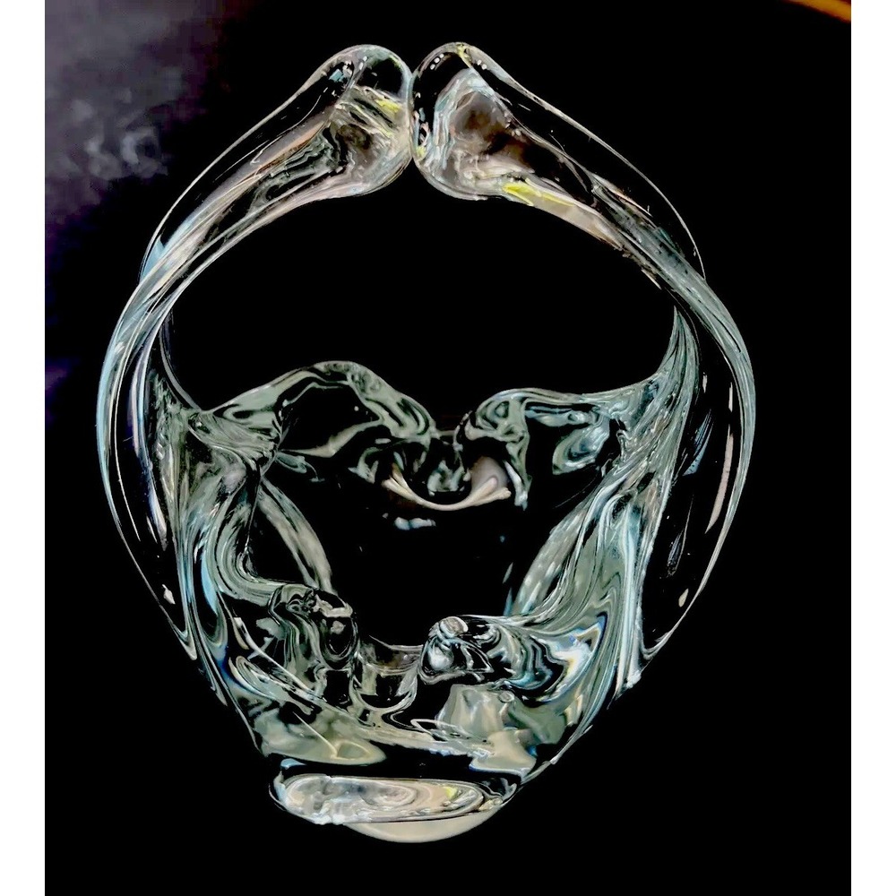 Vtg Hand Blown Clear‎ Glass Basket Split Handle Candy Dish Ashtray 7.5"